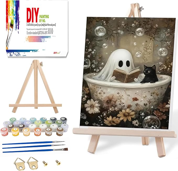 Ausanrl Halloween Paint by Numbers with Frame Wooden Easel - Paint by Number Adult, Halloween Frame Paint by Numbers,Gifts and Home Wall Decor 12x16inch