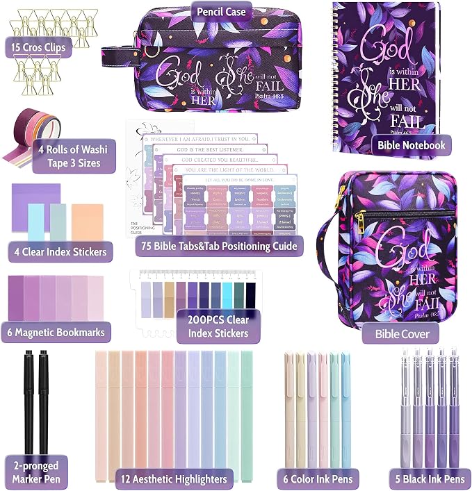 48 Pcs Bible Study Supplies for Women, Bible Journaling Kit Includes Bible Pencil Case, Tags, Pens, Highlighters, 4 Color Clear Sticky Notes, Notebook, 15 Clips, 4 Rolls of Washi Tape & More (Purple Bag)