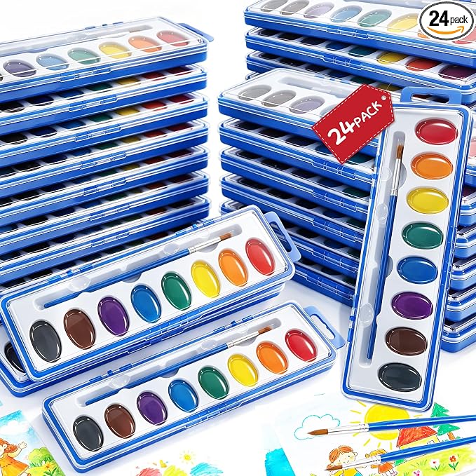 24 Pack Water Colors Paint Set for Kids, Washable Non-Toxic Watercolor Paints with Brushes – Water Color Set for Classroom, Parties & Art Activities
