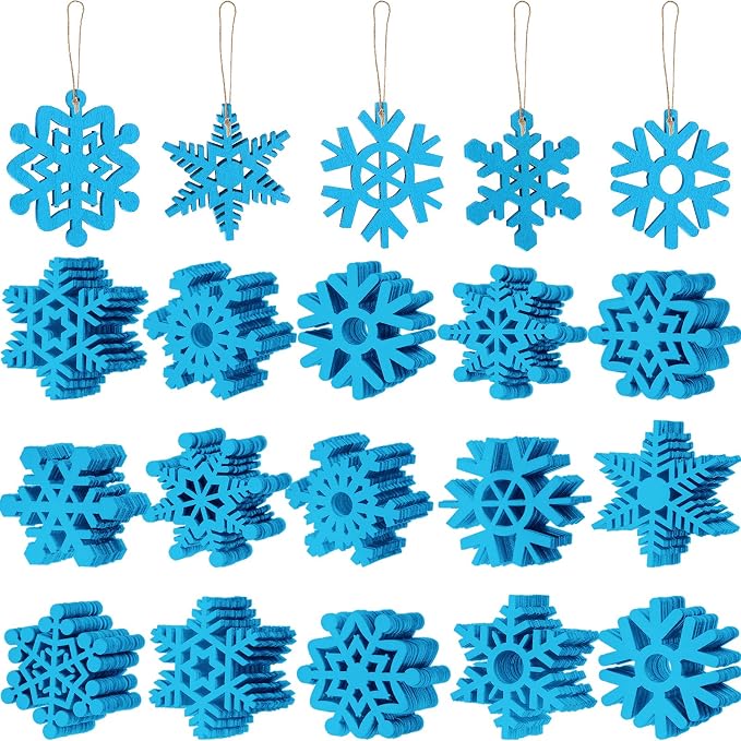 Blulu 100 Pcs Christmas Wooden Snowflakes Crafts, Blue, 2 in