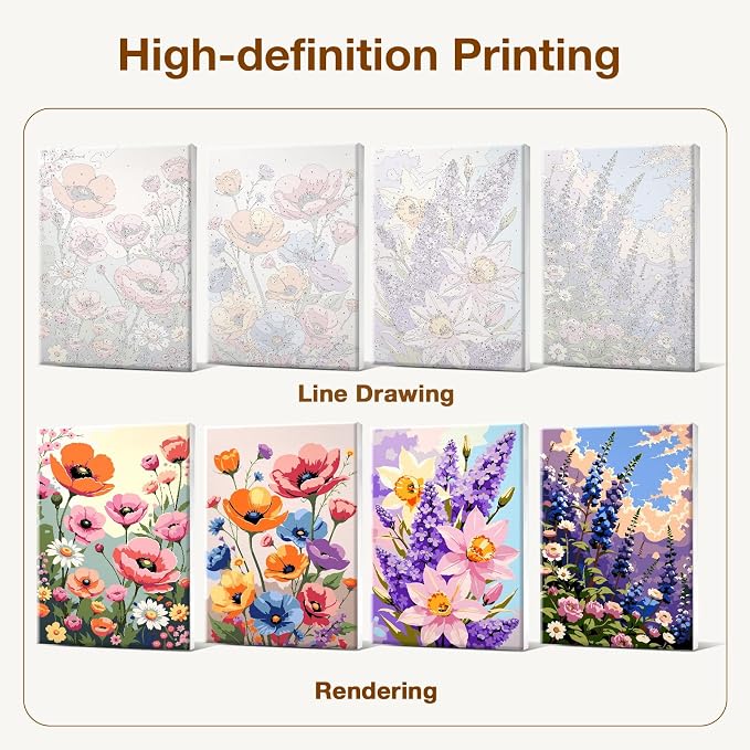 HeeBenor 4 Pack Flowers Paint by Numbers Kit for Adults Framed Canvas