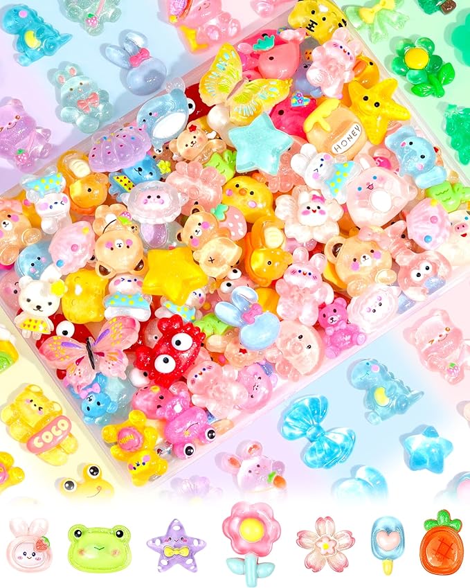 FIVEIZERO 100PCS Cute Slime Charms, Kawaii Flatback Resin Charms | 50+ Unique Designs, Glittery Finish, Easy to Glue, Lightweight and Durable, Perfect for DIY Decoration