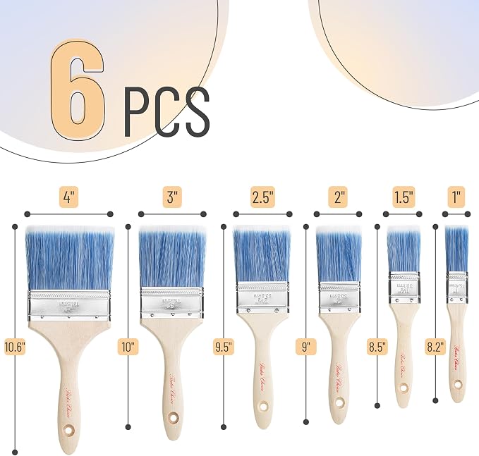 Bates- Paint Brushes, 18 Pack, 1", 1.5", 2", 2.5", 3", 4", Wooden Handle, Flat Wall Paint Brushes for Walls, Furniture