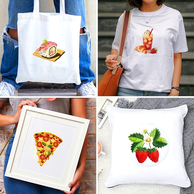 BEUNITONE 4 Set Strawberry Embroidery Kit with Hoops for Adult Beginners | Food/Drink Needlepoint Craft Kits Complete DIY Handmade Cross Stitch Set with Pre-Printed Designs for Home Decor 20x20cm