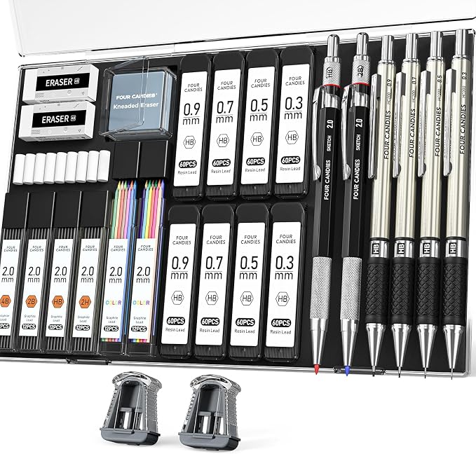 Four Candies 27PCS Metal Mechanical Pencil Set, Art Supplies with Case | 0.3, 0.5, 0.7, 0.9 mm & 2PCS 2mm (HB 2H 2B 4B Color) with 552 Lead Refills, Technical Drafting Drawing Kit for Teen & Adults