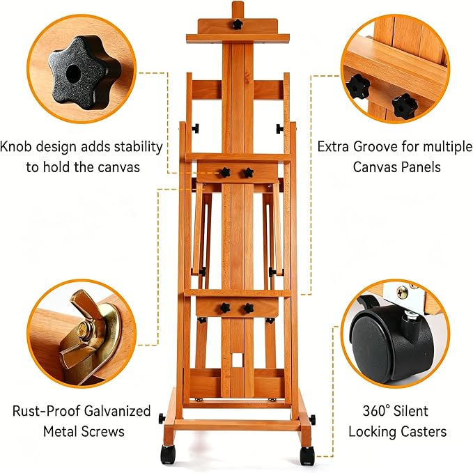 PHOENIX Versatile Studio H-Frame Easel - Solid Beech Wood with Locking Casters, Adjustable Angle & Height, Heavy Duty Canvas Holder with Storage Tray for Professional Artists - Light Walnut