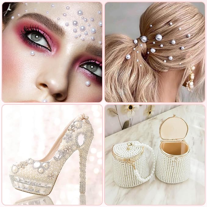 1980Pcs Self Adhesive Pearl Stickers, Shynek Hair Pearls Stick on Gems for Hair, Face, Makeup, Eye, Nail, Crafts, Assorted Sizes(Ivory White)