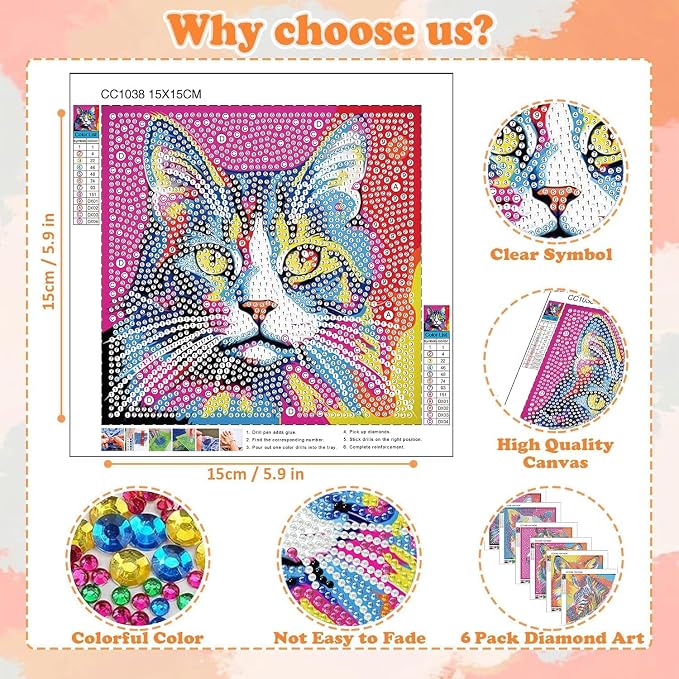 ajepon 6 Pack Animal Diamond Art Kits for Kids, Animals Diamond Art for Kids Ages 8-12, Dog Cat Tiger Zebra Fox Horse Gem Painting Kits for Kid for Gift Home Wall Decor (6x6inch)