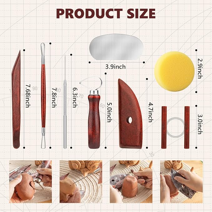 8PCS Stained Wooden Pottery Sculpting Tools, Wood Clay Cleaning Tool Set, Ceramic Modeling Tool for Carving, Molding, Cutting, Trimming, Pottery Wheel, Crafting, Beginners, Adults, Students
