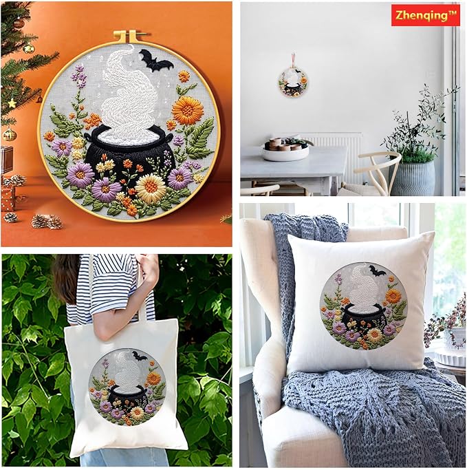 Zhenqing Halloween Cauldron Embroidery Kit for Beginners, Magic Pot Witch Decor Needlework Kit with Pre-Printed Cotton Fabric, Hoop, Threads & Tools, Spooky DIY Wall Art (C0120)