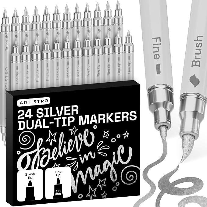 ARTISTRO 24 Silver Dual-Tip Acrylic Paint Marker Pens for Drawing | For Fabric, Rock, Glass, Wood, & Molds, Arts & Crafts Gift for Adults, Teens, & Kids, Classroom Must Haves & School Supplies
