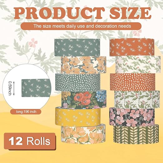 12 Rolls Floral Washi Tape Set,Warm Tones,Botanic | Watercolor Flowers Design for Scrapbook Journal DIY Craft School Supplies, 15 mm Vintage Decorative Masking Washi Tapes