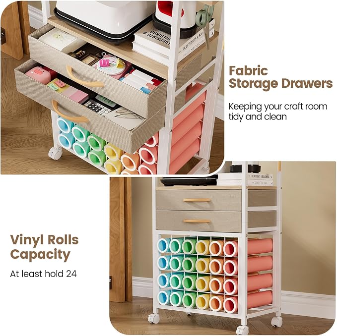 VENNQD Organizer and Storage Stand Compatible with Cricut Machines,Rolling Storage Cart/Shelf with 24 Vinyl Roll Holders，2 Fabric Drawer,Accessories Holder,Tool Hook for Craft Room Home (White Maple)