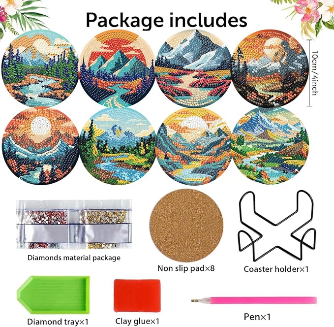 8 Pcs Diamond Art Coasters Kits, Landscape Diamond Painting Coasters Kits