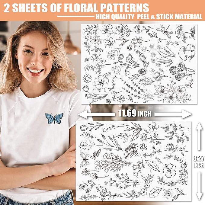 Patemby Embroidery Pattern Water Soluble Embroidery Stabilizers, Stick and Stitch Embroidery Paper Wash Away with Pre-Printed Pattern Designs Stencils Transfers for Hand Sewing Lover Beginner