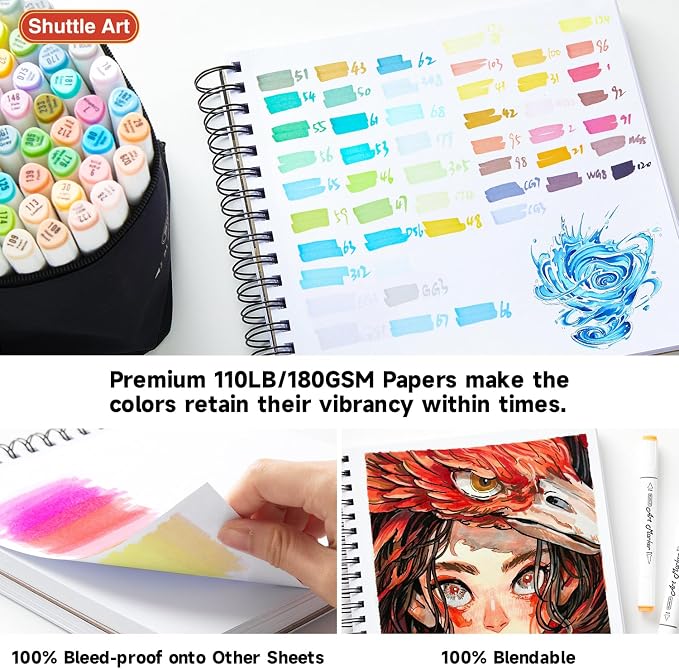 Shuttle Art Marker Pad, 8.3”x8.9” Portable Square Sketchbook, 80 Sheets Marker Drawing Paper, 110LB/180GSM Bleedproof Art Paper, Spiral-Bound, Great for Professional Artist to Draw, Paint & Sketch