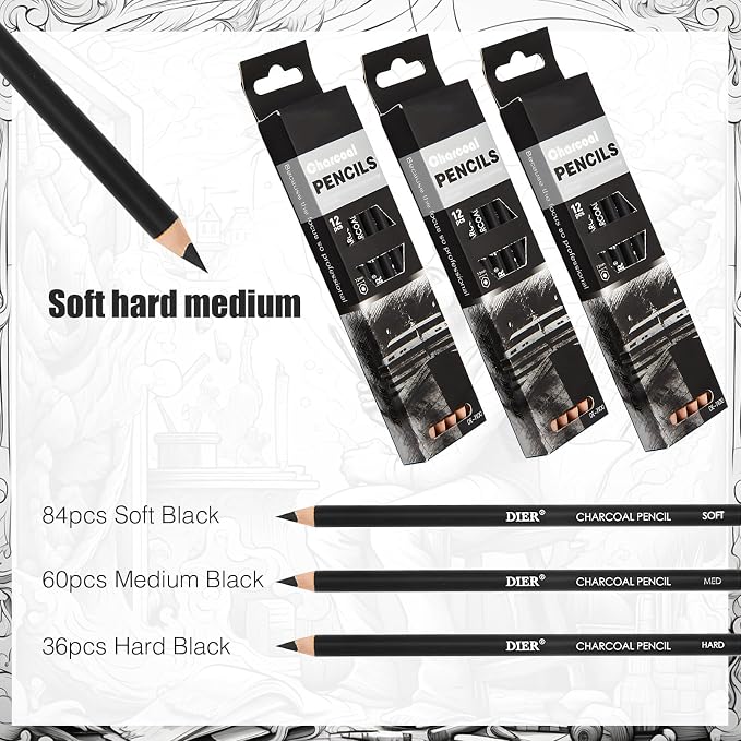 Geyoga 180 Pcs Professional Charcoal Pencils Drawing Bulk Soft Medium and Hard Charcoal Sketch Drawing Pencils for Beginners Artists Shading Sketching