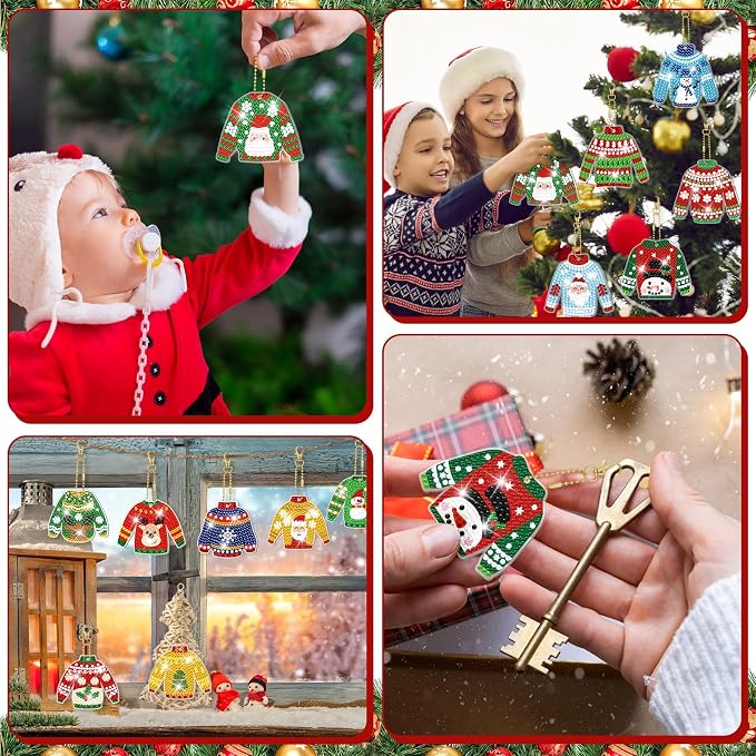 Tondiamo 20 Pcs Christmas Diamond Painting Keychain Kits 5D DIY Diamond Art Pendants Double Sided Hanging Key Chains for Christmas Party Decoration DIY(Sweater Style)