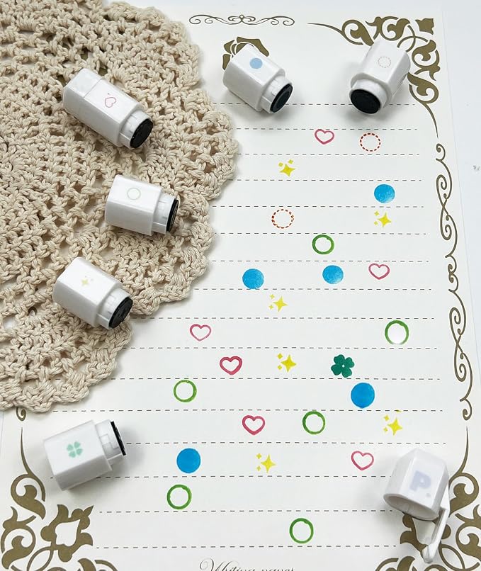 6-in-1 Retractable Pre-Inked Pen Roller Stamp – Basic Symbols Set Includes Circle, Four-Leaf Clover, Heart, Dotted Circle, Star – Rotatable Detachable Design for Bullet Journal, Planners, Crafts
