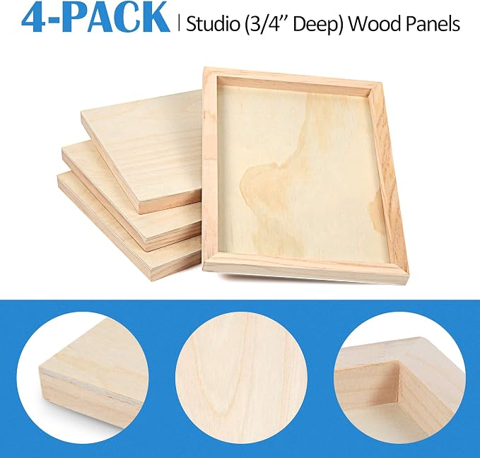 Falling in Art 4 Pack 9x12’’ Unfinished Birch Wood Panels Kit for Painting | Studio 3/4’’ Deep Wooden Canvas, Cradle Boards for Acrylic Pouring, Art, Crafts, Epoxy Resin, Laser Engraving Cutting