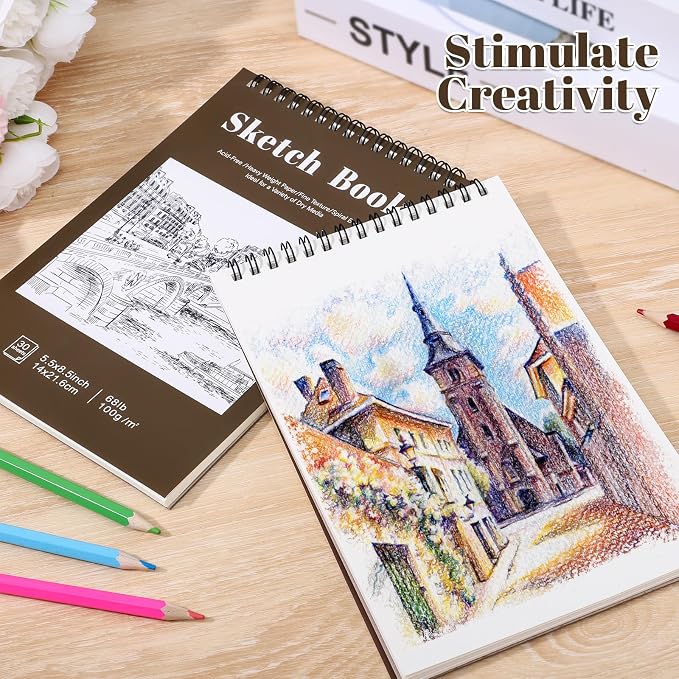 4 Pack Small Sketch Books, 5.5 × 8.5 in, Spiral Bound, Yellow-Brown | 100gsm Acid-Free Paper, 30 Sheets Each, for Pencils Charcoal & Crayons, Portable Hardcover Design, Lays Flat