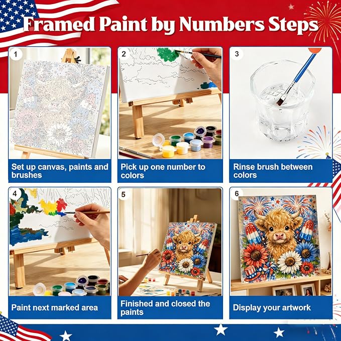 Gemozaic 4th of July Framed Paint by Numbers Kit for Adults and Kids 8-12, Patriotic Highland Cow Paint by Number Kits for Adult for Independence Day Gift, Home, Office, Wall Decor, 8 x 8 Inch