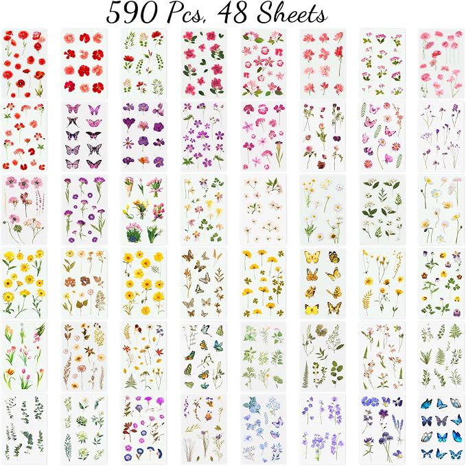 Arme Scrapbook Flower Stickers Floral Stickers(590 PCS, 48 Sheets)