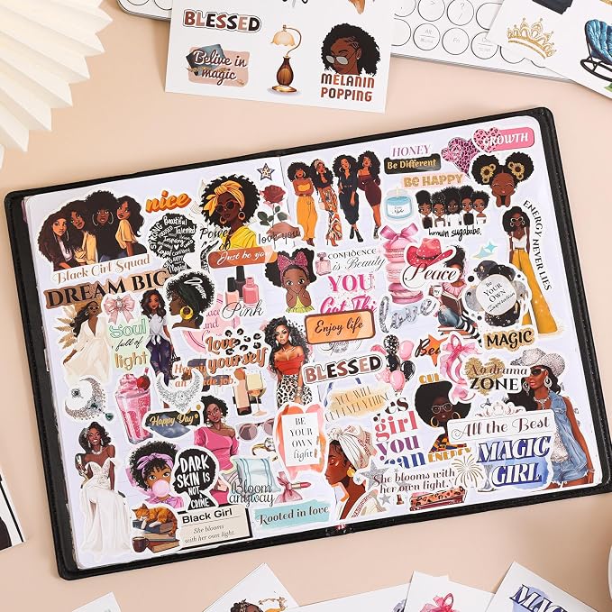 Black Girl Decal Sticker Book for Water Bottle: 260+ WaterProof Vinyl Motivational Stickers for Black Teen Girls & Women, 24 Pages for Journaling, Scrapbooking, Laptop, Self-Care & Inspirational Decor