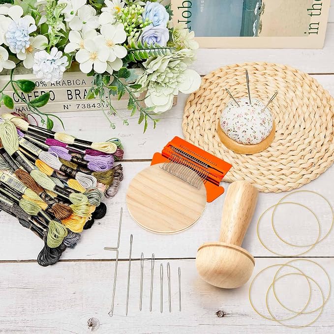 Jexine Mini Darning Mushroom for Socks 21 Hooks Small Speedweve Style Weaving Darning Loom with 9 Pcs Large Eye Needles 50 Colors Thread for Handcraft DIY Weaving Repair Tool(Orange)