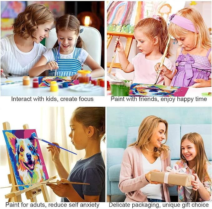 ajepon Dog Paint by Numbers Kit for Kids with Frame - Dog Paint by Number for Kids, Kid Painting by Number Kits Age 6-8 for Home Wall Decor 8X8inch (with Wooden Easel)