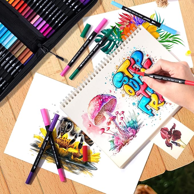 Nicecho 72 Colors Dual Tip Art Markers Pens for Adult Coloring Books | Brush Tip + Fine Tip, Coloring Marker for Drawing Journaling Note Taking Lettering, Durable Case