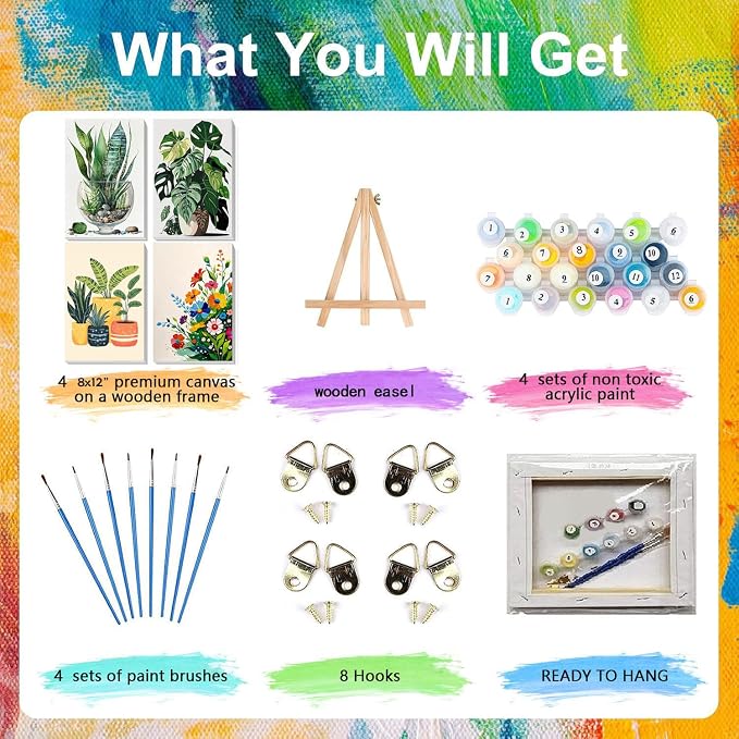 4 Pack Plant Paint by Numbers for Adults with Framed Canvas - Wooden Easel | Plant Paint by Number for Beginners, Easy Flowers Acrylic Oil Painting on Canvas with Brushes for Home Wall Decor (8x12 inch)