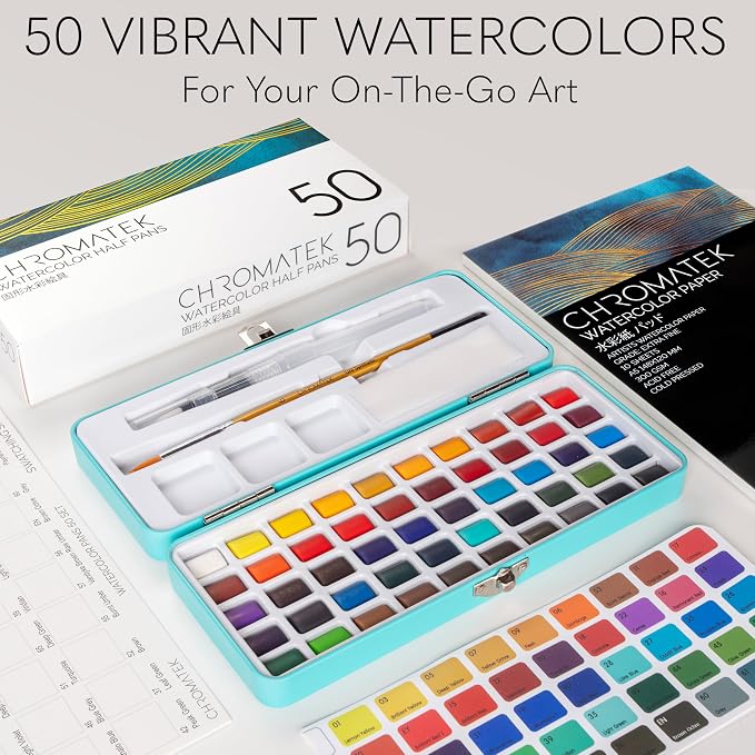 CHROMATEK Watercolor Paint Set, 50 Vivid Colors, Water Color Paper Pad, Brush, Aqua Pen, Palette, Color Chart, Swatch Sheets & Metal Travel Case, Premium All-In-One Art Travel Kit Art Supplies