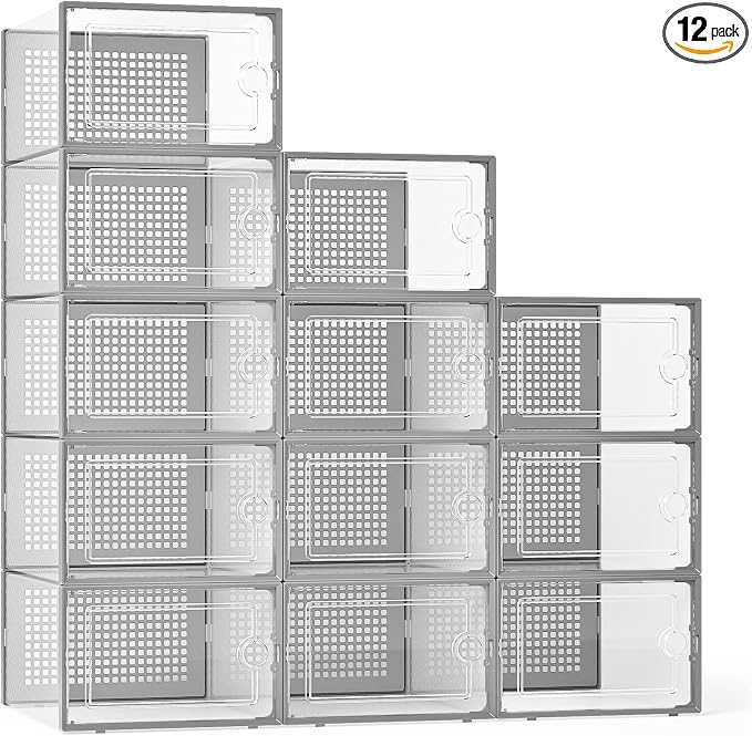 Kuject X-Large Shoe Storage Boxes 12 Pack, Clear Stackable Shoe Organizer