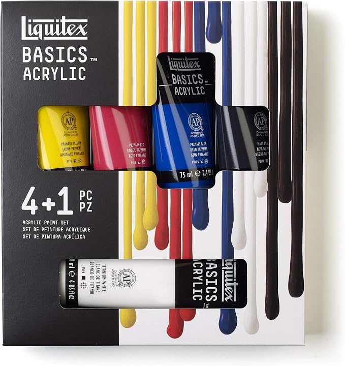 Liquitex BASICS Acrylic Paint Set, 4 x 75ml, 1 x 118ml Essentials | Medium Viscosity, Satin Finish, Lightfast, Fine Art Pigments, Range of Opacities, Easy Blending