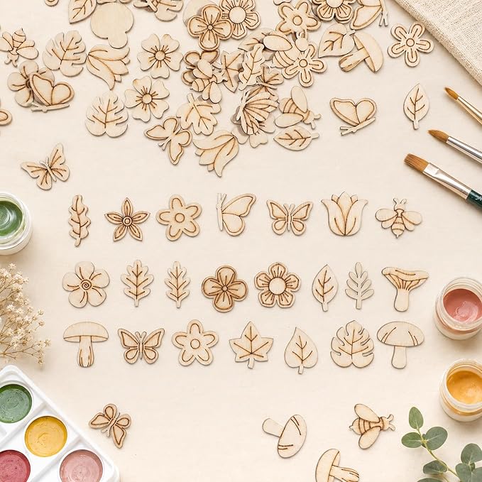 100PCS Unfinished Wood Flowers, Blank Wooden Crafts to Paint Flower