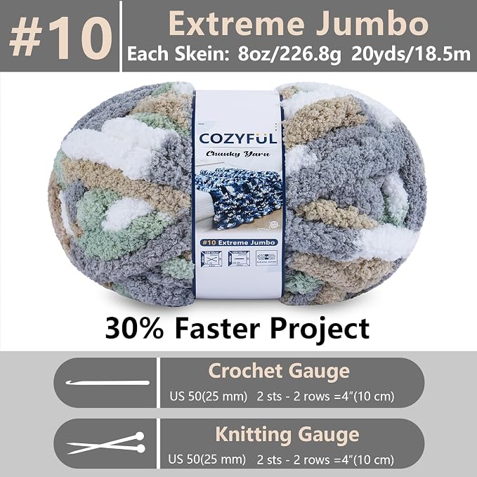 Cozyful Chunky Yarn for Hand Knitting - #10 Chunky Chenille Blanket Yarn, Jumbo Big Thick Chunky Yarns for Crocheting, Tie Dye Bulky Knit Yarns, 8 Skein (20 yds 8 oz Each Skein), Cream&Sage&Grey&Khaki