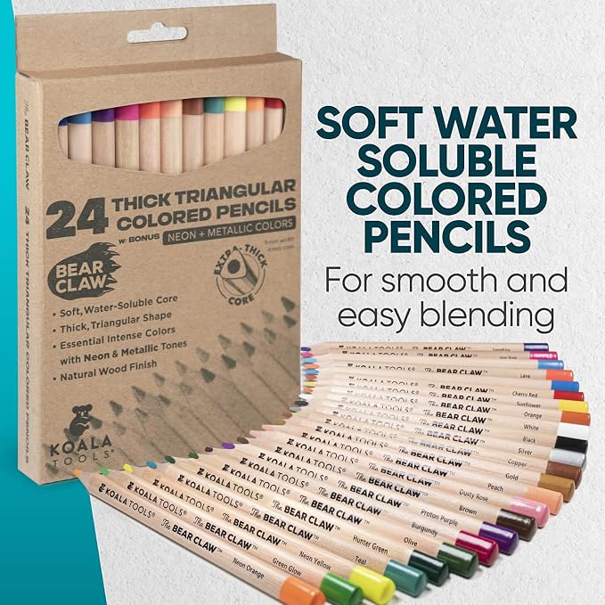 KOALA TOOLS - Bear Claw Colored Pencils for Adults and Kids, Water Soluble Color Pencils with Triangular Grip for Art and Shading, Includes Neon and Metallic Colors, Pack of 24