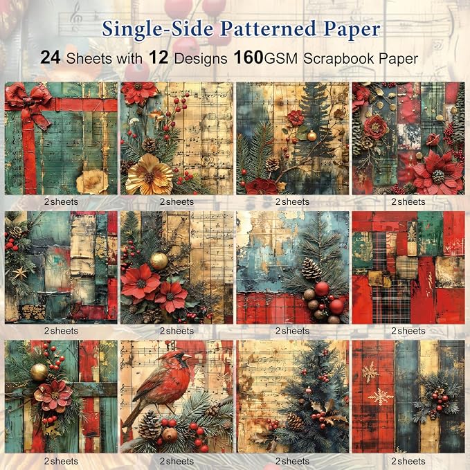 Christmas Scrapbook Paper Pad 24 Sheets Scrapbooking Supplies, Single-Sided Patterned Cardstock Pads Supplies for Card Making, Designer Planner Journals, Background Borders, Greeting Cards 6"×6”