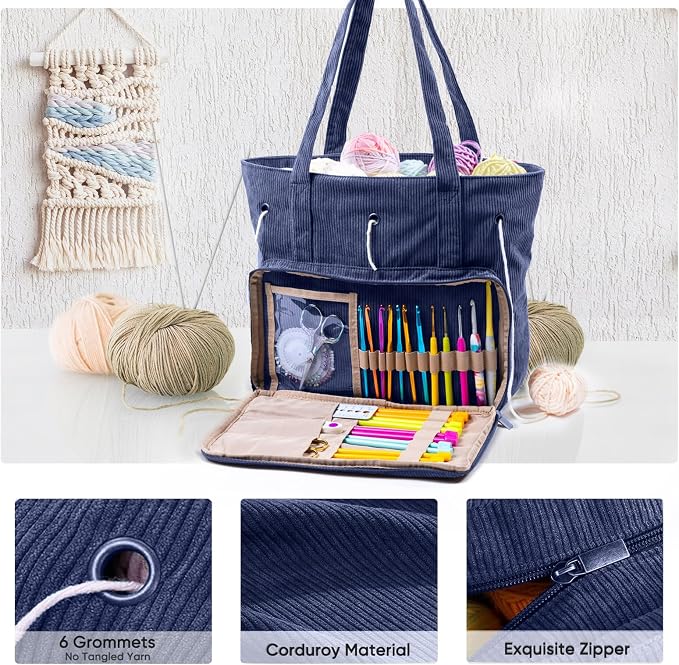 MYBAGZING Large Yarn Tote Organizer – Corduroy Knitting Storage Holder for Yarn, Hooks & Accessories, Portable Craft Carryall for Crocheting Lovers, Mother’s Day Gift