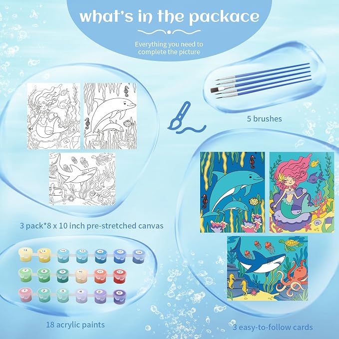 goldentime 3 Pack Kids Paint by Numbers Ages 4-8-12 Includes 8x10 inch Framed Canvas with 19 Acrylic Paints, 5 Brushes Fun and Easy Predrawn Canvas for Painting Kids