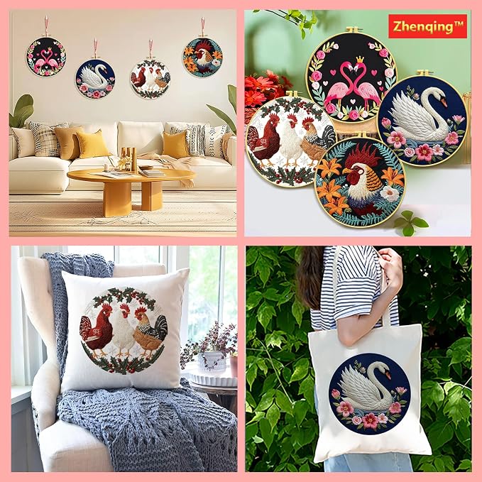 Zhenqing 4-Piece Bird Embroidery Kit for Beginners, Flamingo Swan Chicken Rooster Needlework Set with Pre-Printed Cotton Fabric, Hoop, Threads & Tools, Bird Lover Wall Decor (C0180)