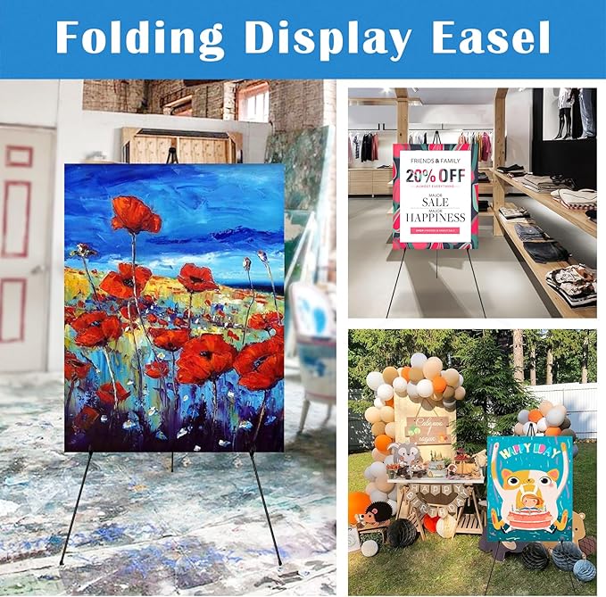 Falling in Art 3 Pack 63" Display Easel Stand, Holds 5 lbs | Instant Adjustable Poster Easel, Easy Folding Portable Tripod Stand for Signs, Posters, Wedding