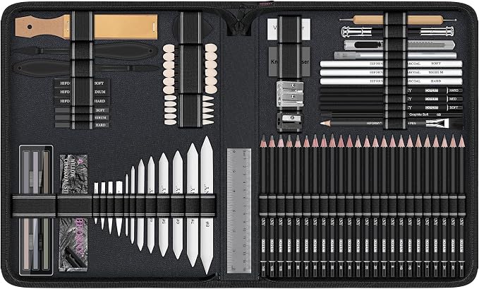 HIFORNY 100 PCS Drawing Set Sketching Kit,Sketch Pencils Art Supplies with Graphite,Charcoal,Blending Tools & Accessories,Portable Zippered Travel Case for Artists & Beginners