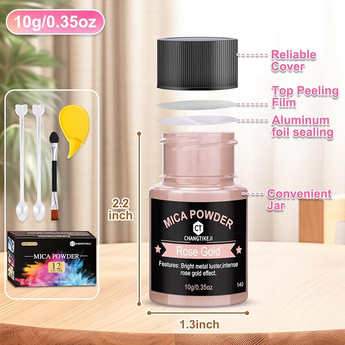 Mica Powder 12 Colors Pearlescent Pigment - for Resin Epoxy, Soap Making, Nail Polish, Lip Gloss, Eye Shadow, Bath Bomb, Slime & Candle - 10g Each Bottle(Mica Iron Metal Hues)