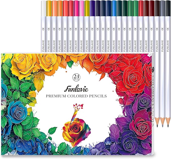 24 Colored Pencils for Adult Coloring Books, Oil-Based Soft Core | Drawing Pencils With Sharpener，Art Supplies for Artists, Adult Coloring, Sketching, Drawing, Painting, and Smooth Blending