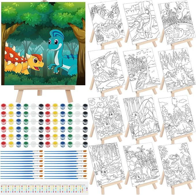 Tenceur 12 Sets Pre Drawn Canvas to Paint Adult Stretched Coloring Painting Canvas Panels with Design Easel and Brushes for Party Supplies Beginner Favor(Dinosaur)