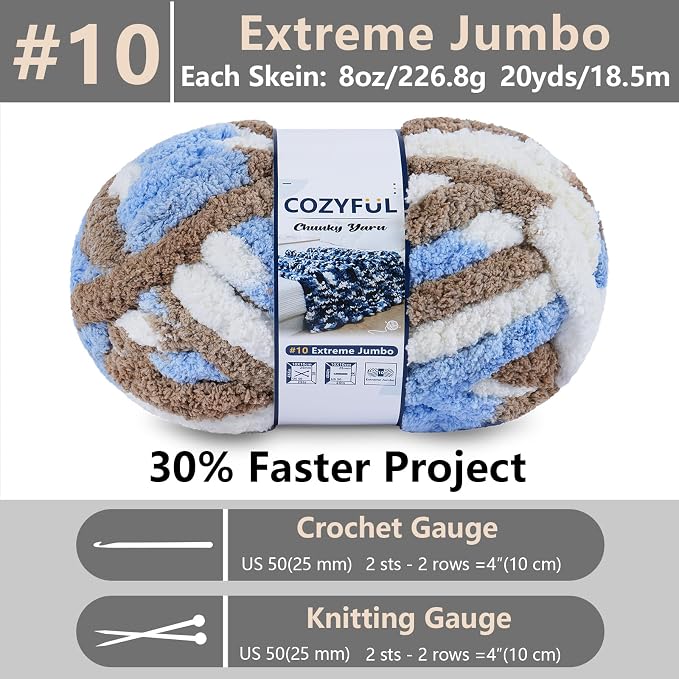 Cozyful Chunky Yarn for Hand Knitting - #10 Chunky Chenille Blanket Yarn, Jumbo Big Thick Chunky Yarns for Crocheting, Tie Dye Bulky Knit Yarns, 8 Skein (20 yds 8 oz Each Skein), Khaki & Blue & White