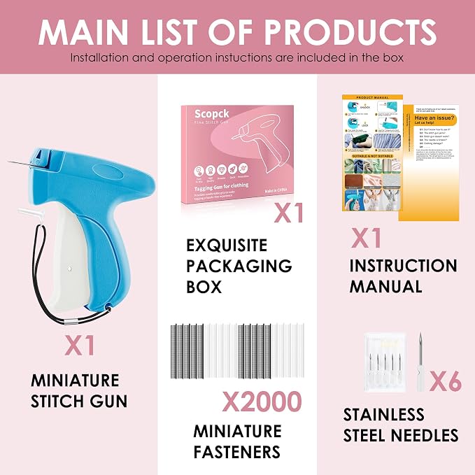 Stitch Gun for Clothes - Handheld Stitch Gun Quick Clothing Fixer - Mini Sewing Kit Micro Tagging Gun - Includes 6 Needle, 1000 Black Fasteners & 1003 White Fasteners