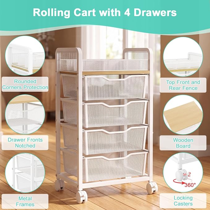 Hongtamoya Rolling Cart with 4 Drawers, Storage Cart with Dividers, White | Multifunctional Utility Cart, Storage Organizer with Lockable Wheels, Craft Art Trolley for Kitchen Office Classroom Bedroom